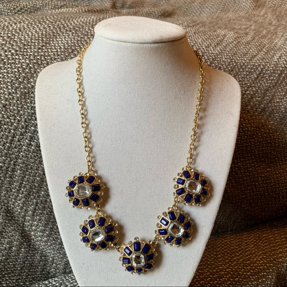 Gold Blue Gemstone Flower Statement Necklace